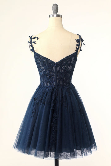 Navy Spaghetti Straps Short Graduation Dress with Appliques